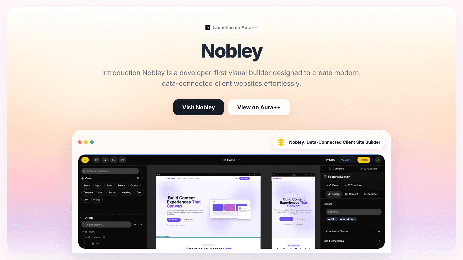 Nobley: Data-Connected Client Site Builder launch story featured image on Aura++