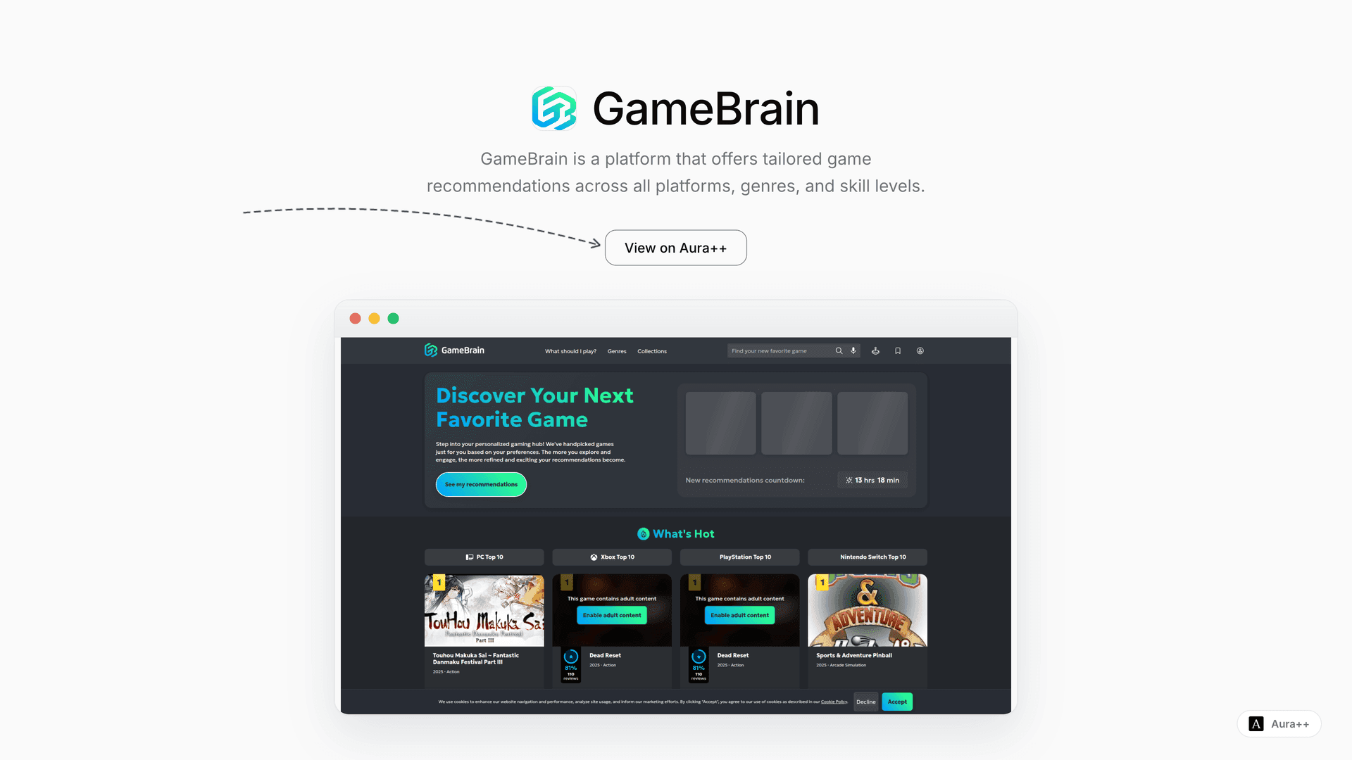 GameBrain: Personalized Game Recommendations launch story featured image on Aura++