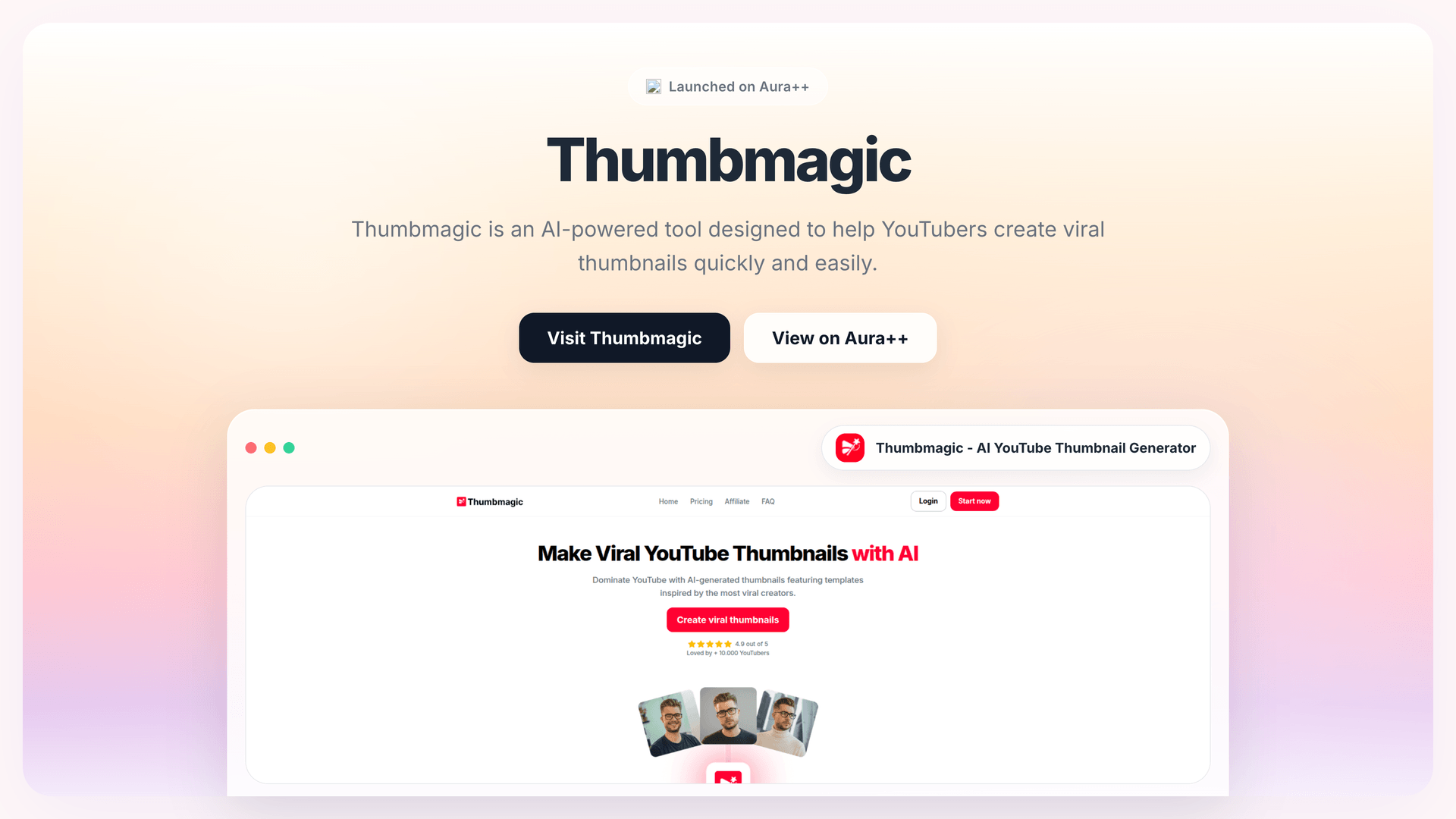 Thumbmagic - AI YouTube Thumbnail Generator launch story featured image on Aura++