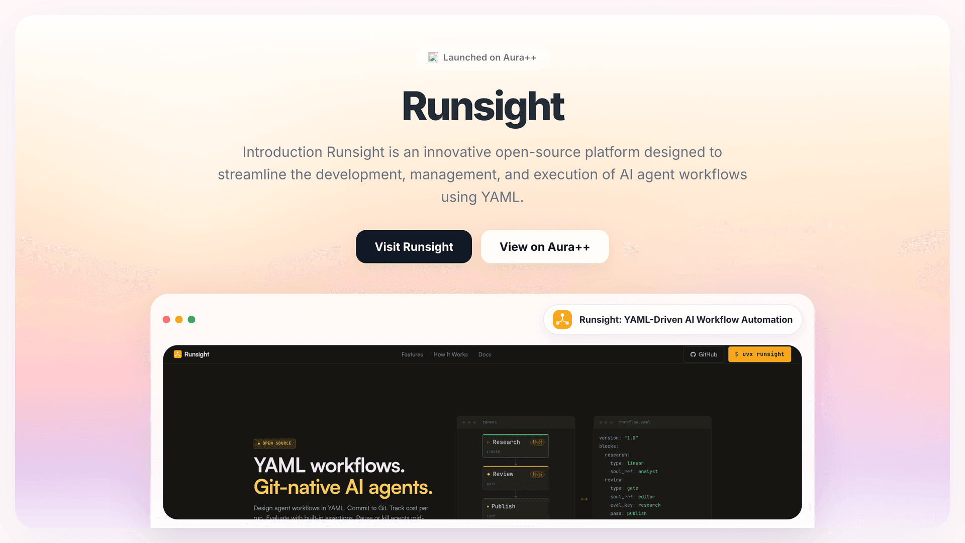 Runsight: YAML-Driven AI Workflow Automation launch story featured image on Aura++