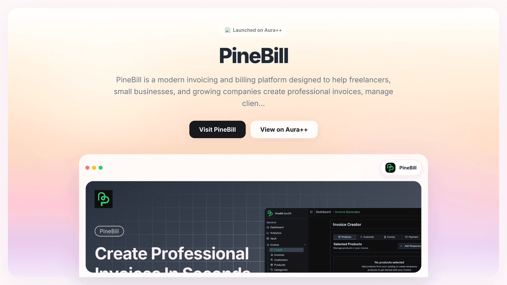 PineBill launch story featured image on Aura++