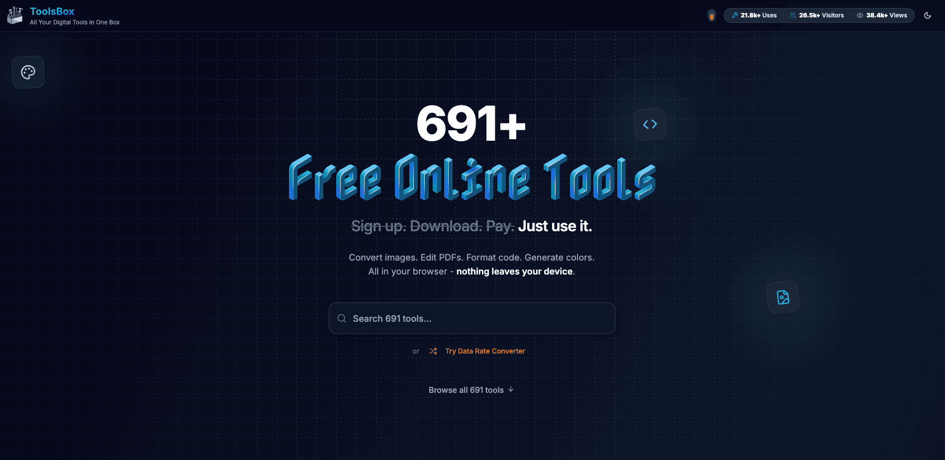 ToolsBox: Free Online Digital Tools product preview for startup listing on Aura++