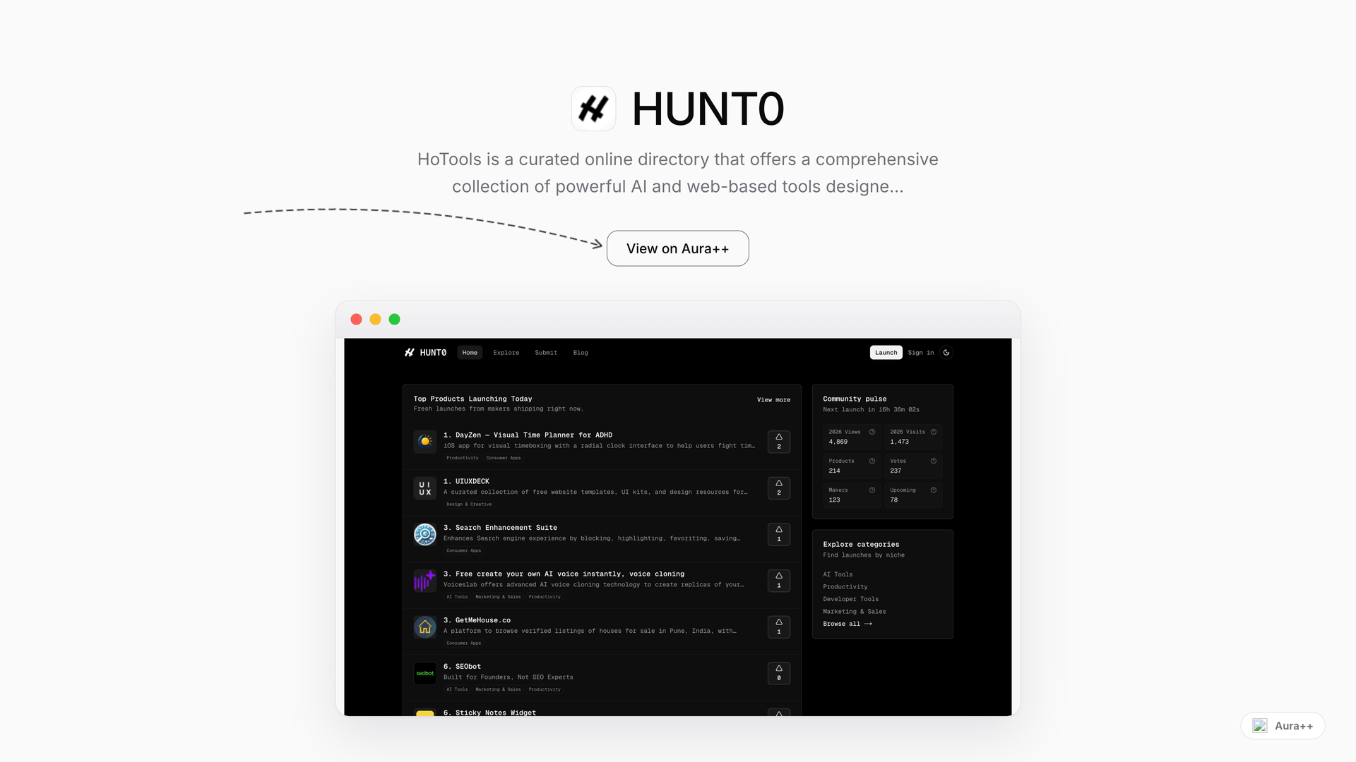 HUNT0 - Ship Early. Hunt Early. launch story featured image on Aura++