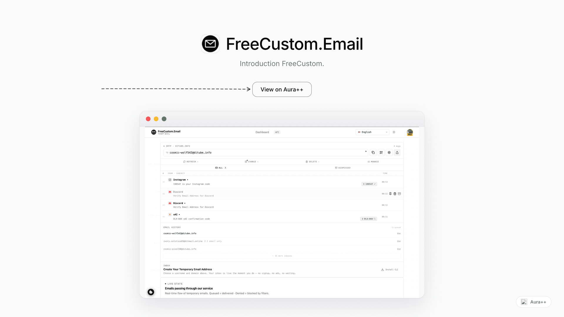 FreeCustom.Email - Disposable Temp Mail launch story featured image on Aura++