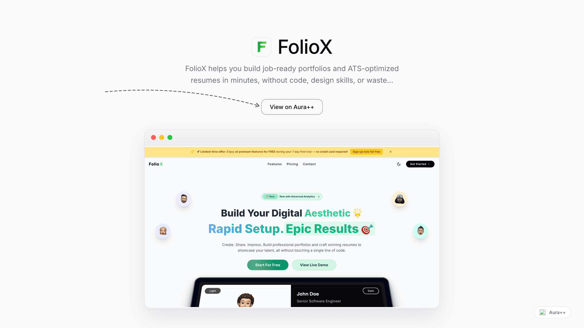 FolioX launch featured image on Aura++