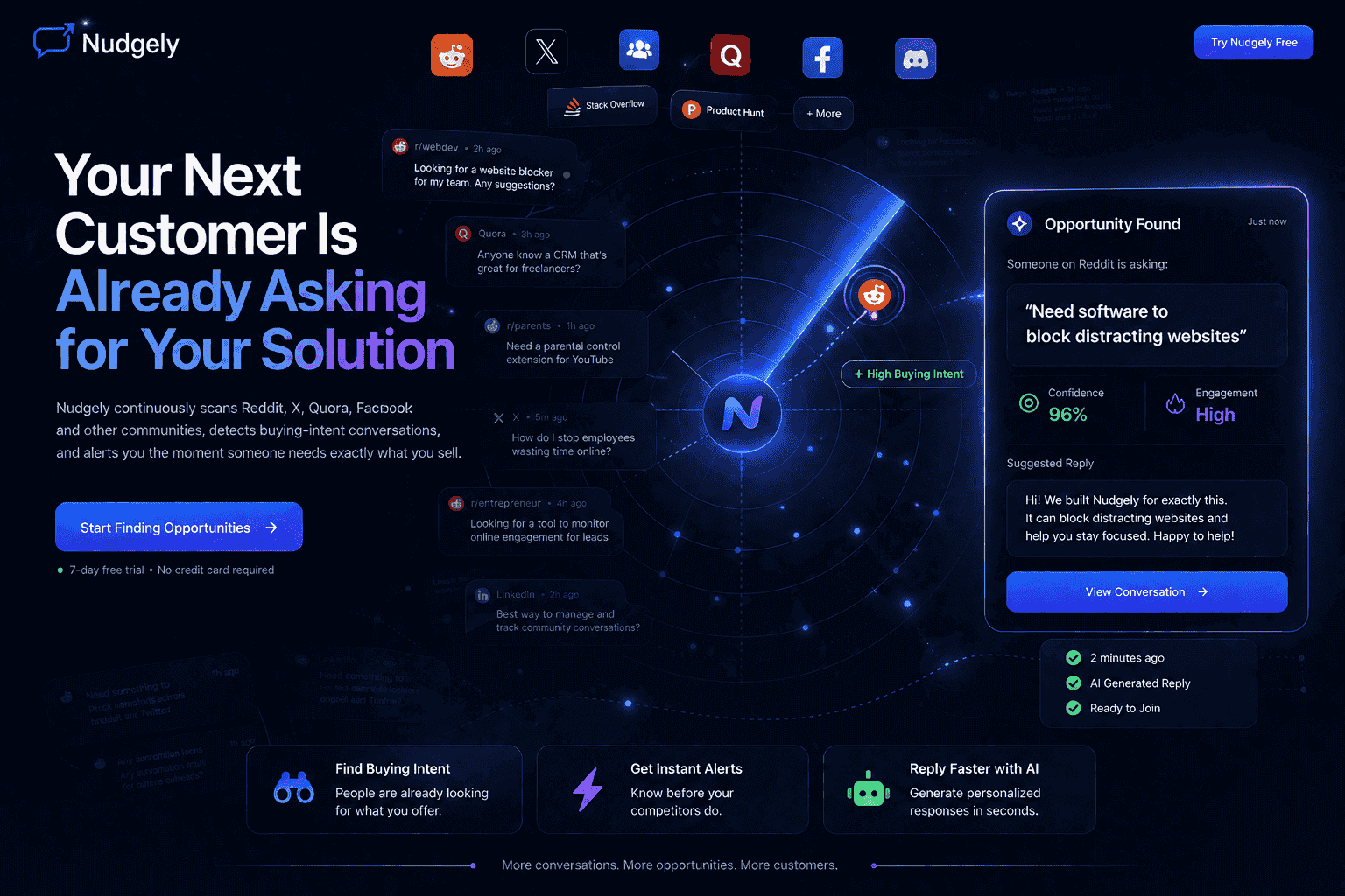 Nudgely: Social Listening & Customer Engagement product preview for startup listing on Aura++