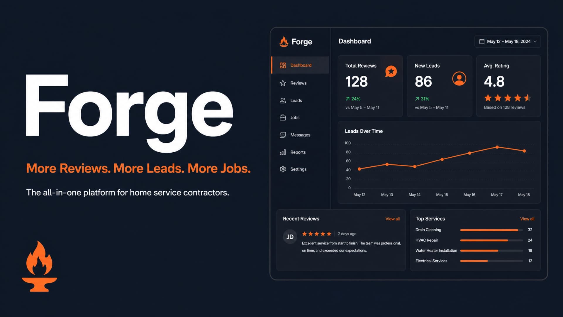 Forge - Review & Lead Response Platform product preview for startup listing on Aura++