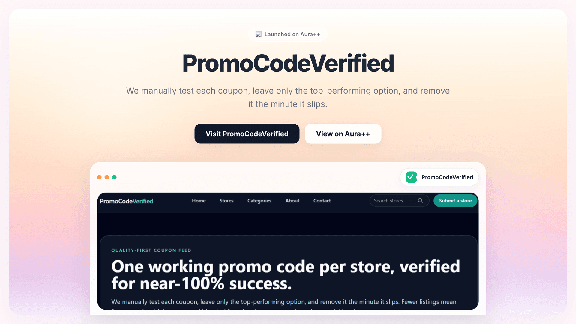 PromoCodeVerified launch story featured image on Aura++