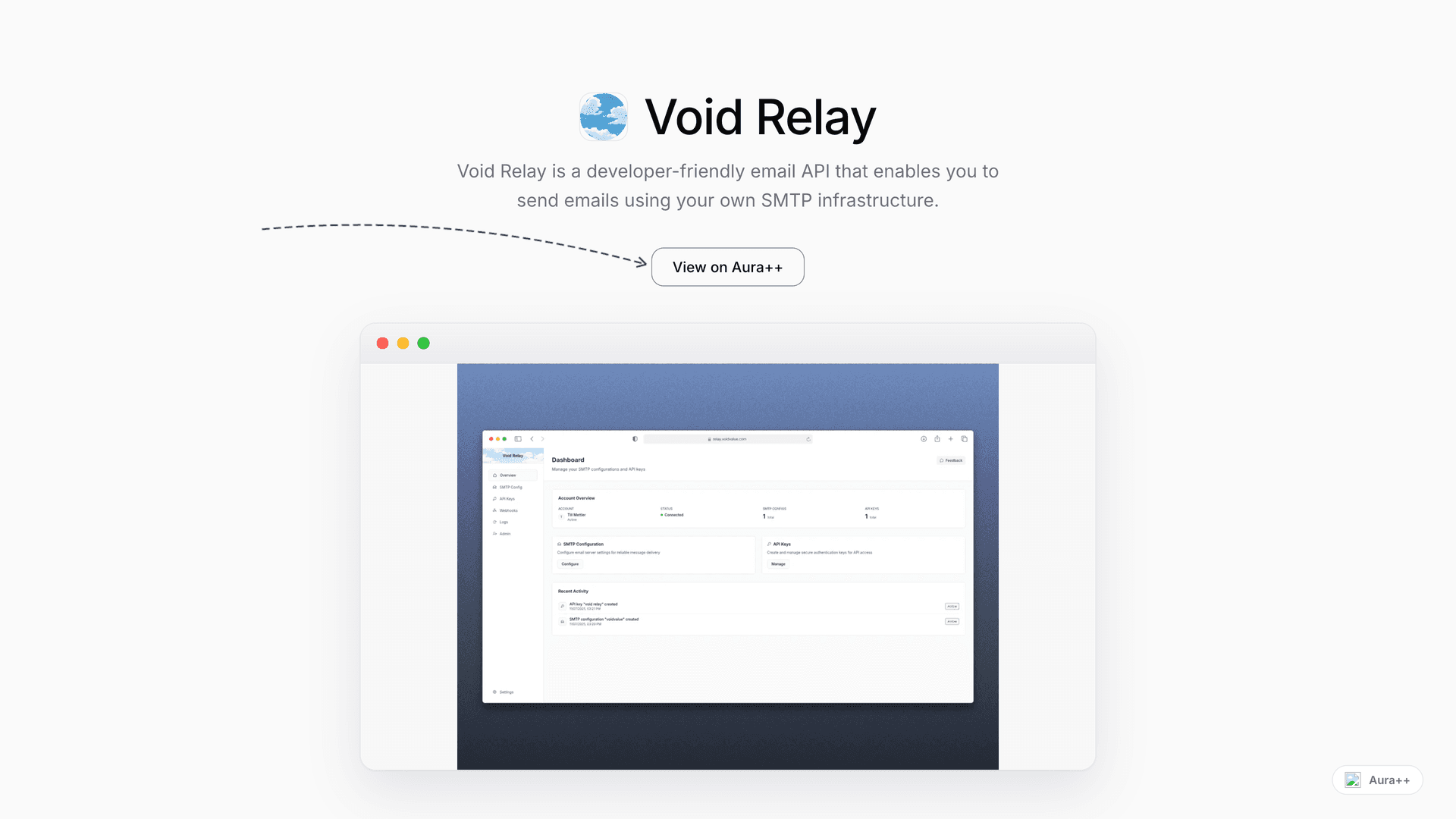 Void Relay - Email Api launch story featured image on Aura++