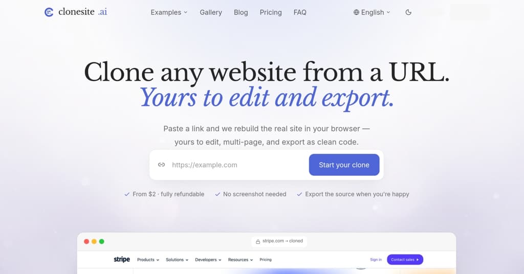 Clonesite AI product preview for startup listing on Aura++
