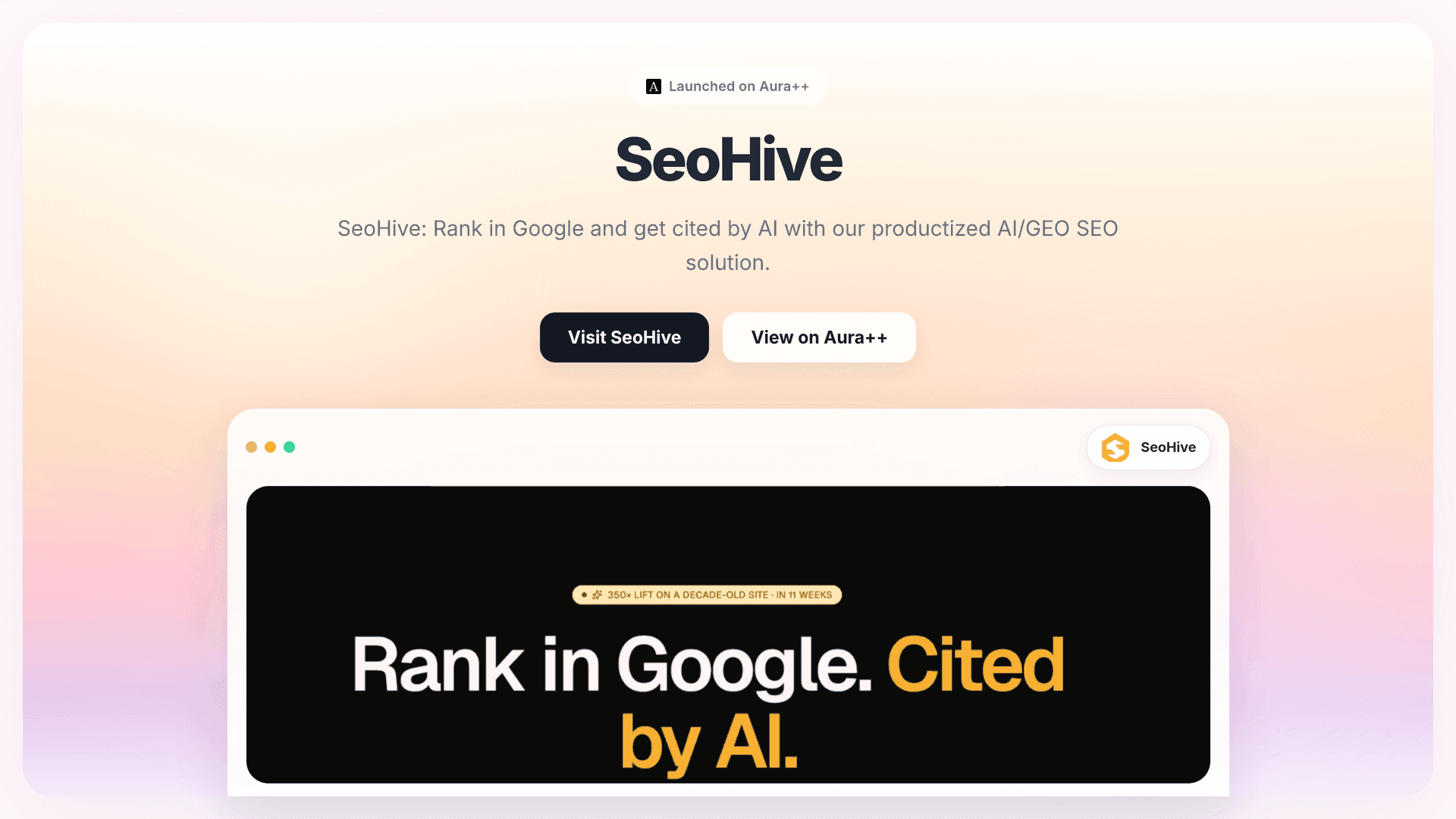 SeoHive launch story featured image on Aura++