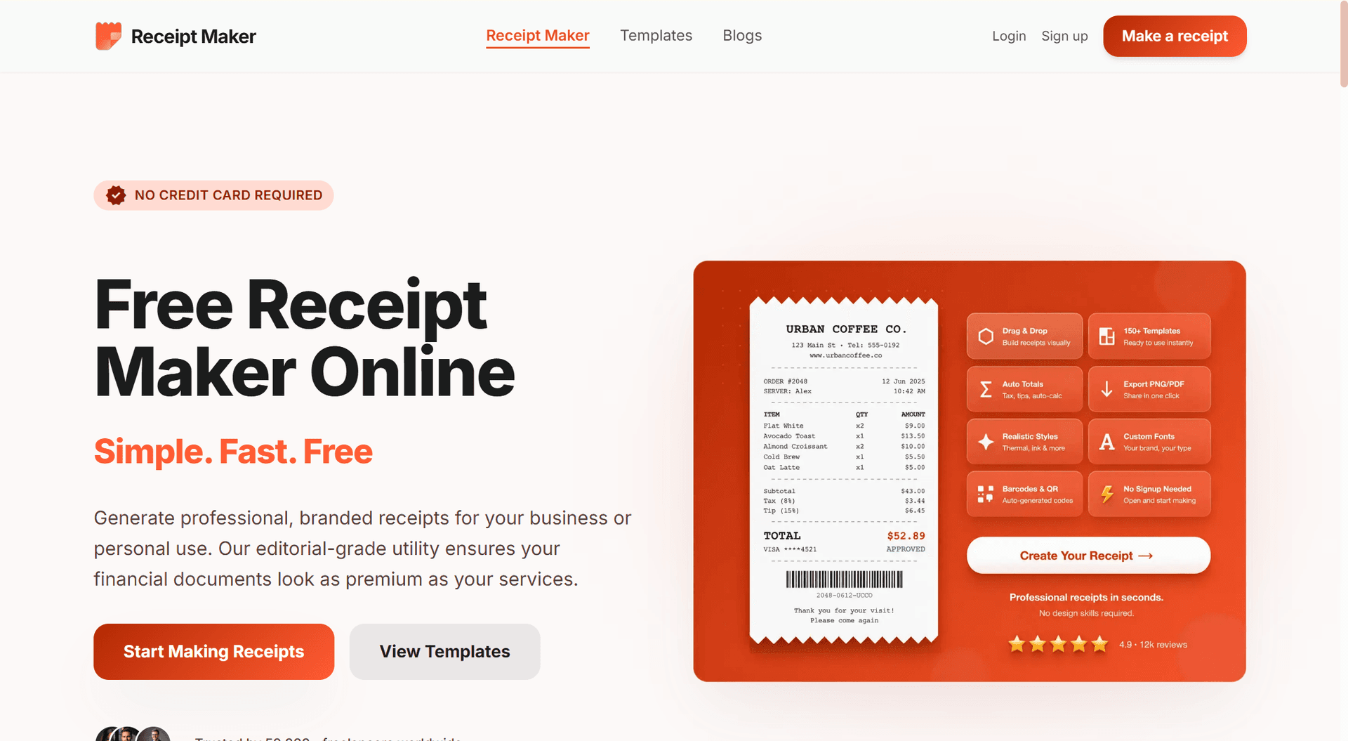 Free Receipt Maker product preview for startup listing on Aura++