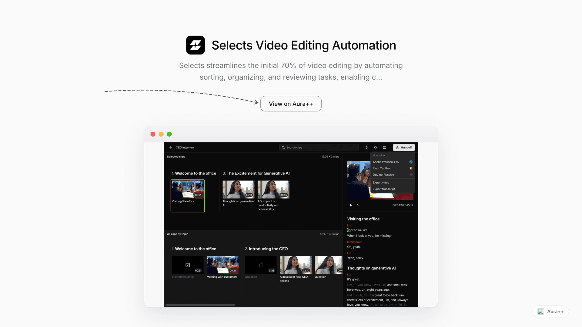 Selects Video Editing Automation launch featured image on Aura++