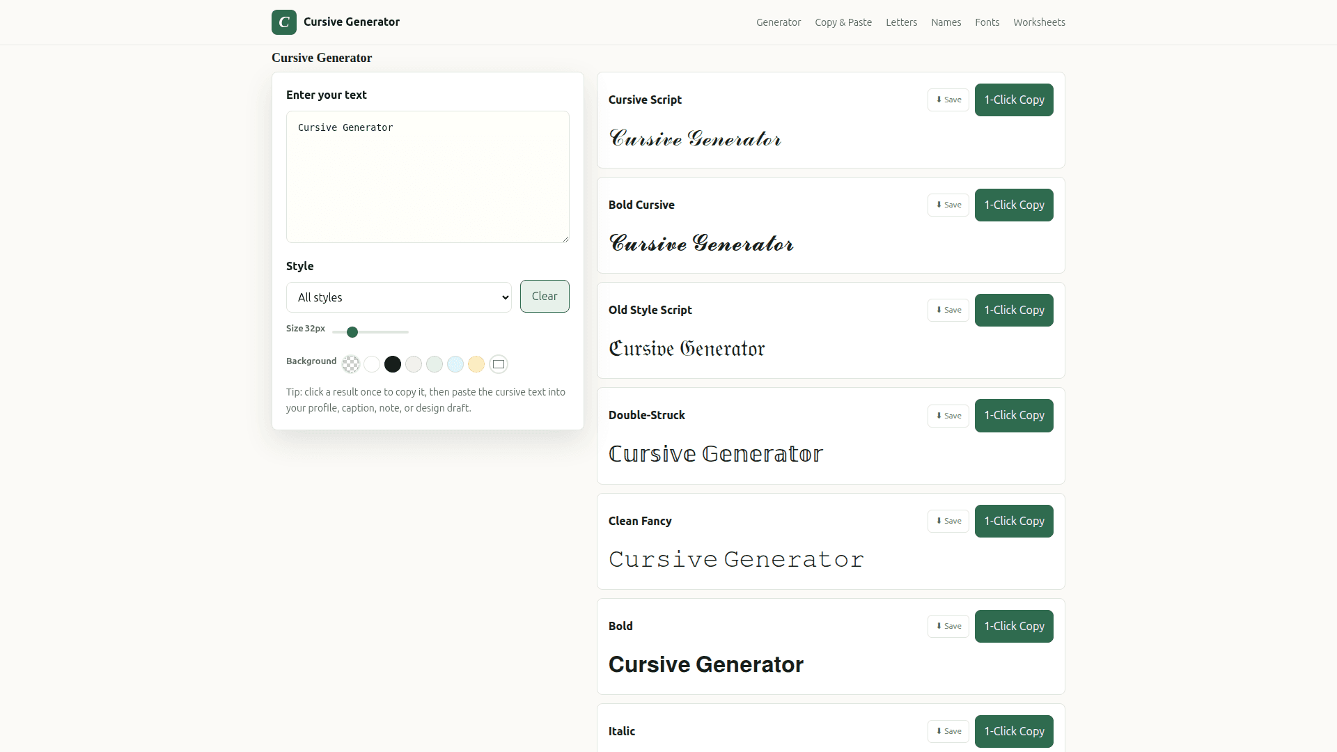 Online Cursive Text Generator product preview for startup listing on Aura++