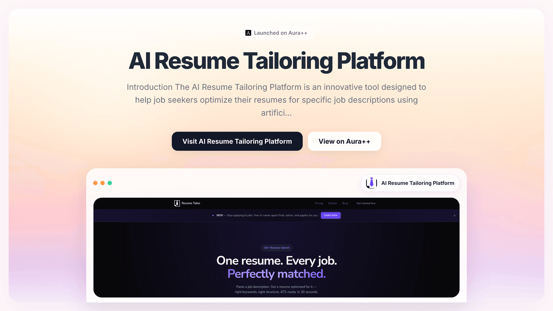 AI Resume Tailoring Platform launch featured image on Aura++