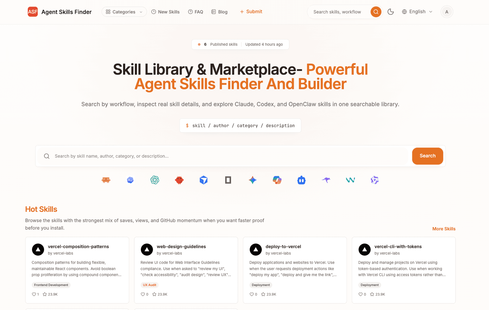 Agent Skills Finder product preview for startup listing on Aura++