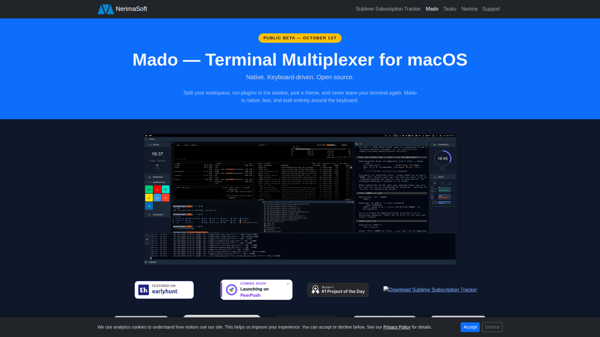 Mado: Native Terminal Multiplexer for macOS product preview for startup listing on Aura++