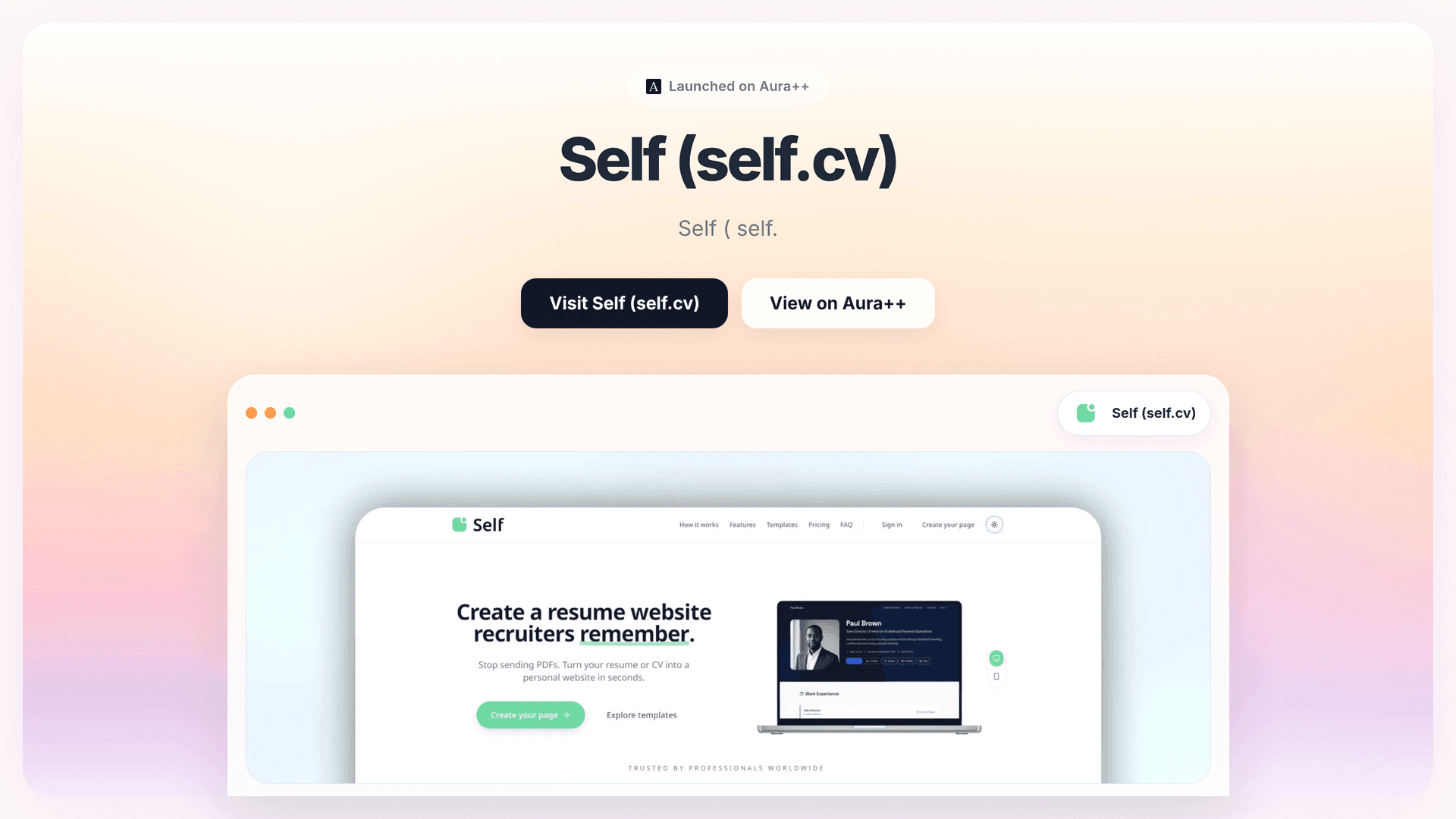 Self (self.cv) launch story featured image on Aura++