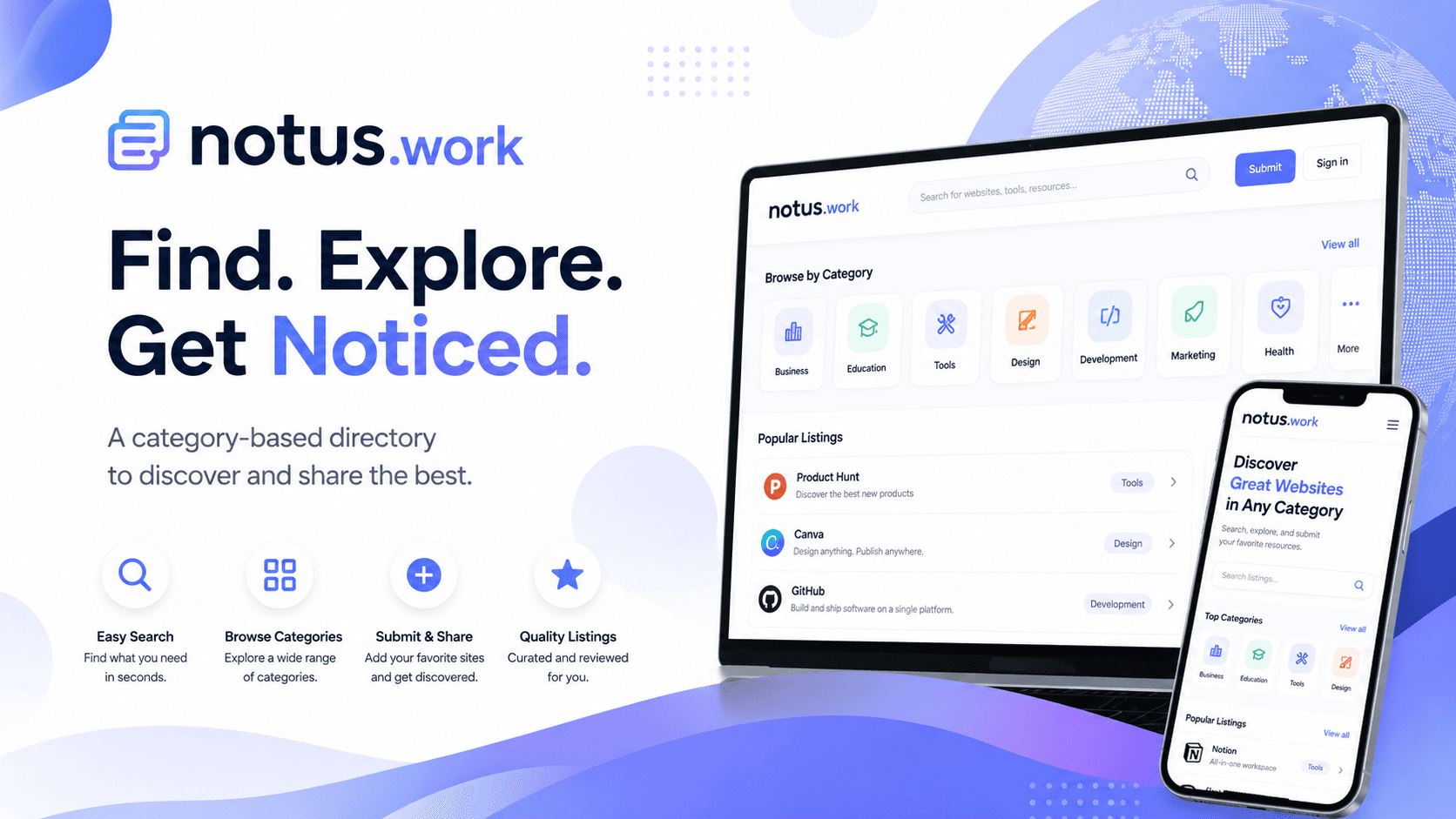 Notus product preview for startup listing on Aura++