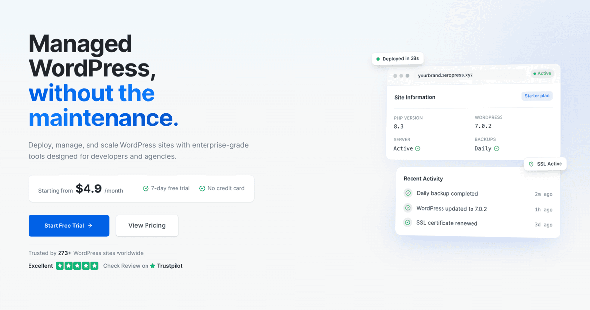 XeroWP Managed WordPress Hosting product preview for startup listing on Aura++