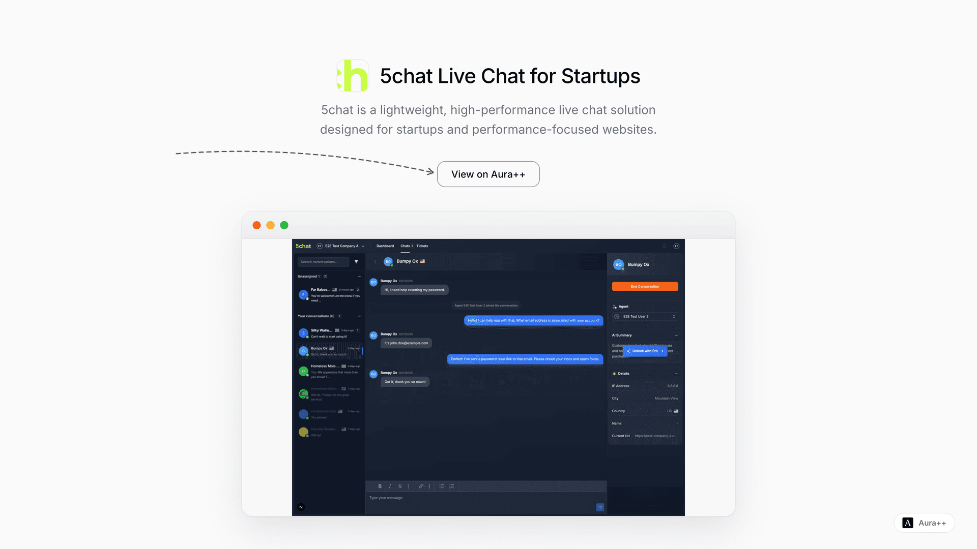 5chat Live Chat for Startups launch story featured image on Aura++
