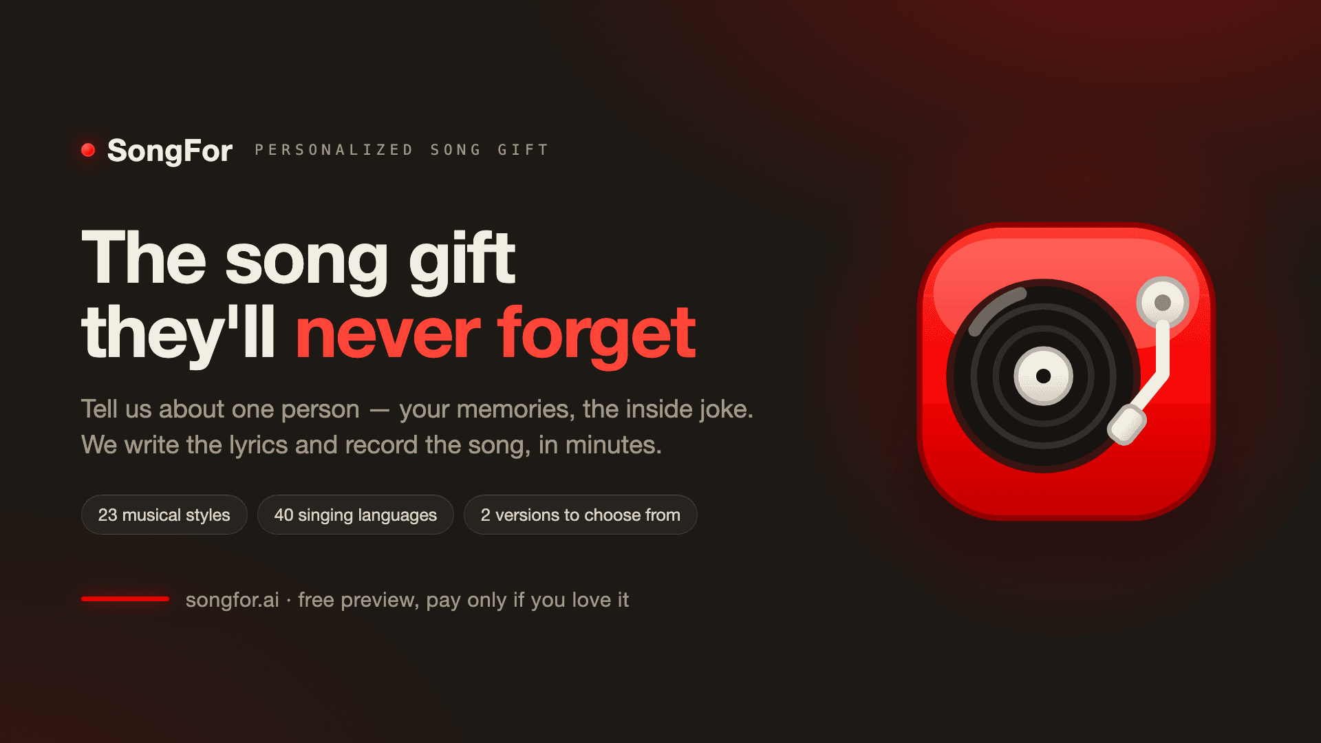 SongFor - Personalized Song Gift product preview for startup listing on Aura++