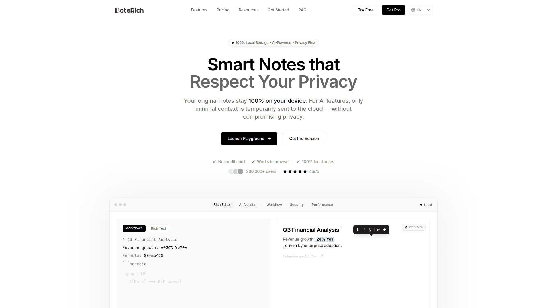 NoteRich: Privacy-Focused Local Note-Taking product preview for startup listing on Aura++