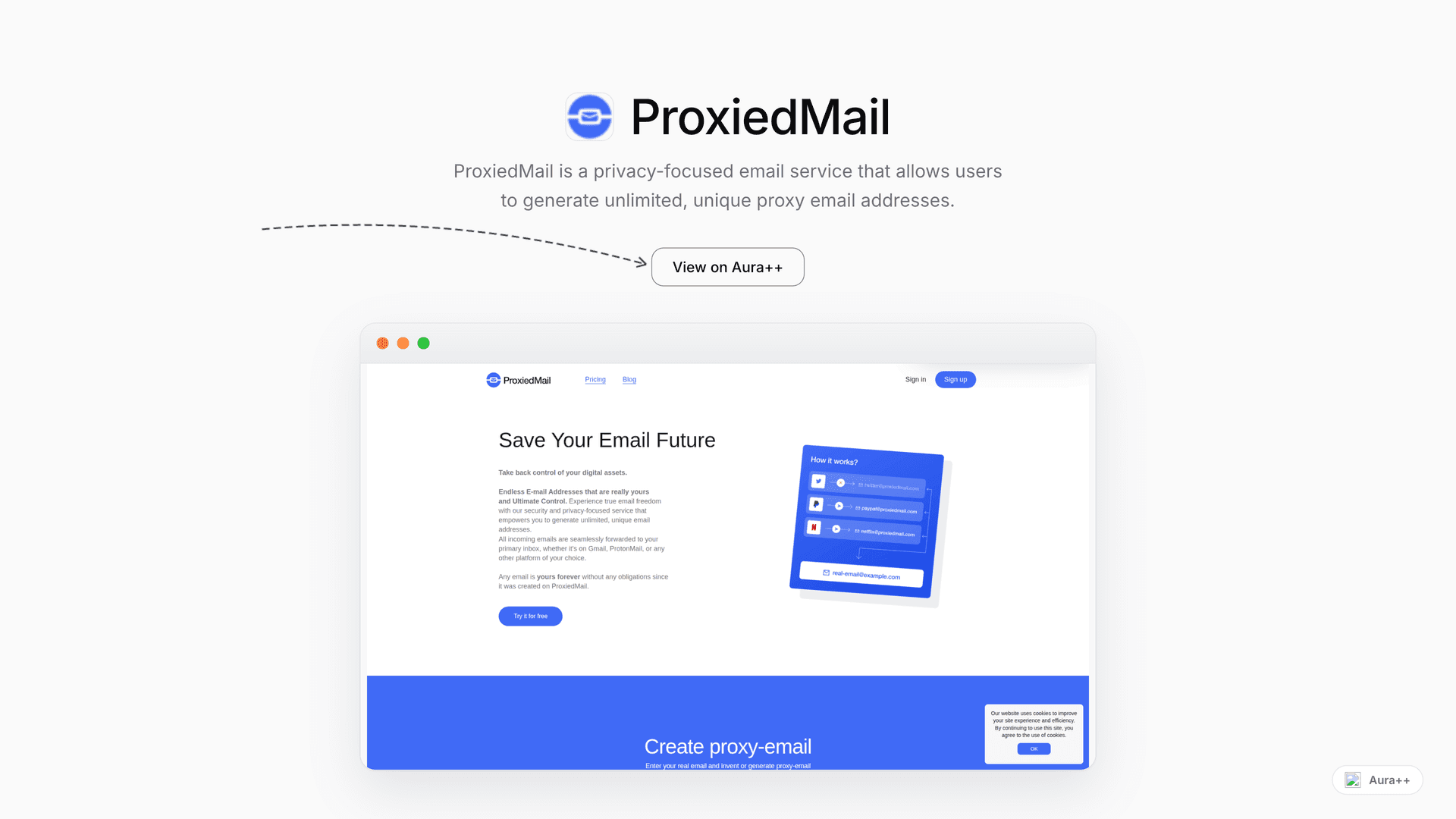 ProxiedMail - Email Privacy & Forwarding launch story featured image on Aura++