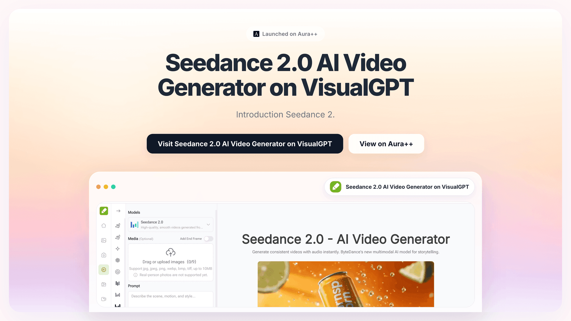 Seedance 2.0 AI Video Generator on VisualGPT launch featured image on Aura++