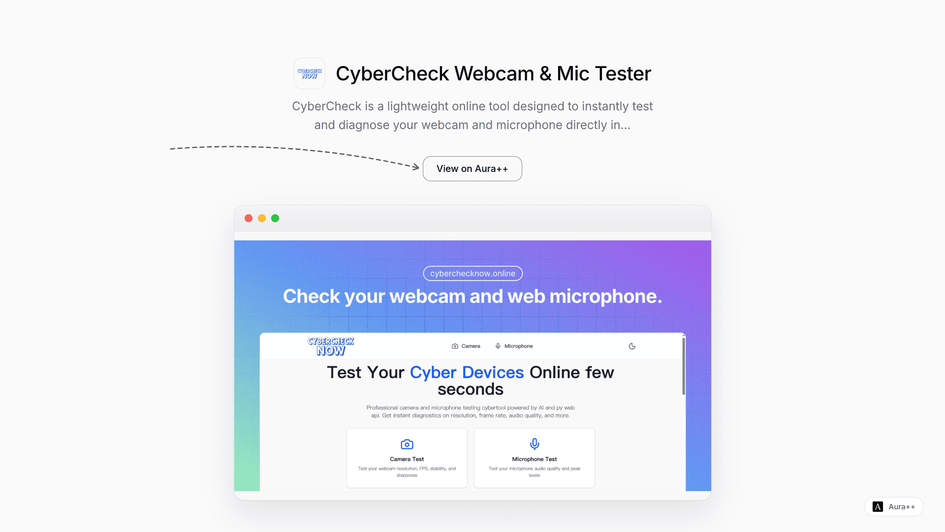 CyberCheck Webcam & Mic Tester launch story featured image on Aura++