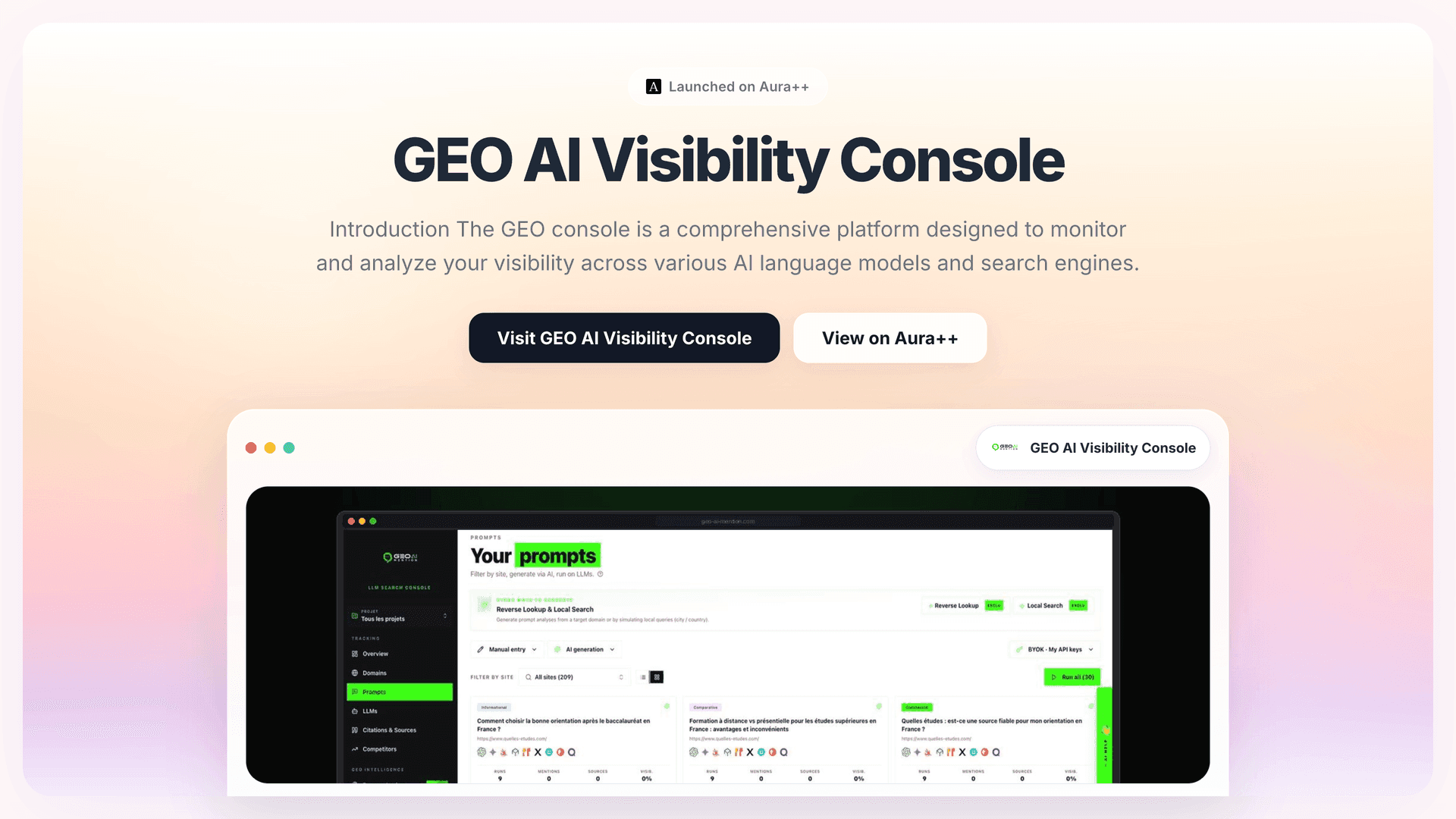 GEO AI Visibility Console launch story featured image on Aura++