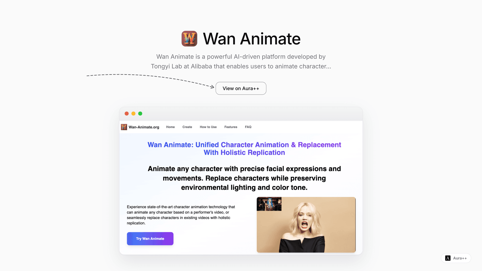 Wan Animate | AI Character Animation Tool launch story featured image on Aura++