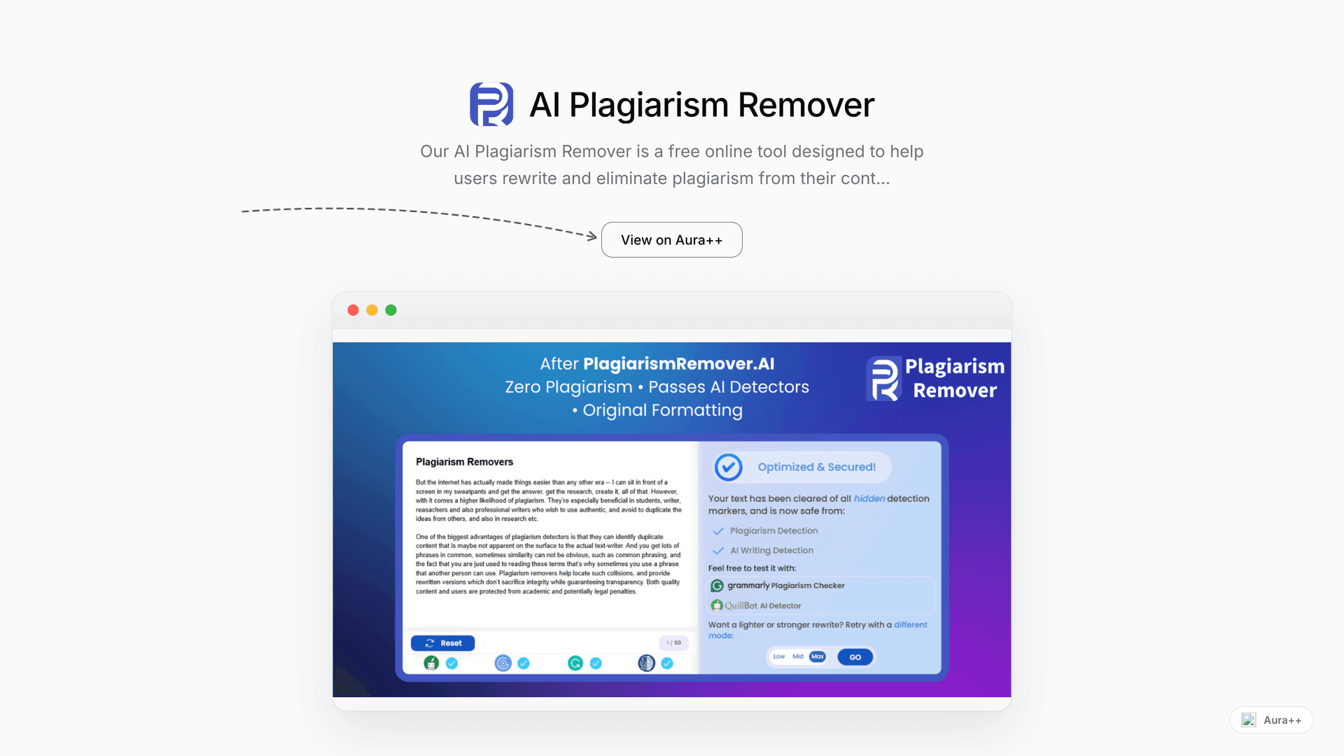 AI Plagiarism Remover launch story featured image on Aura++