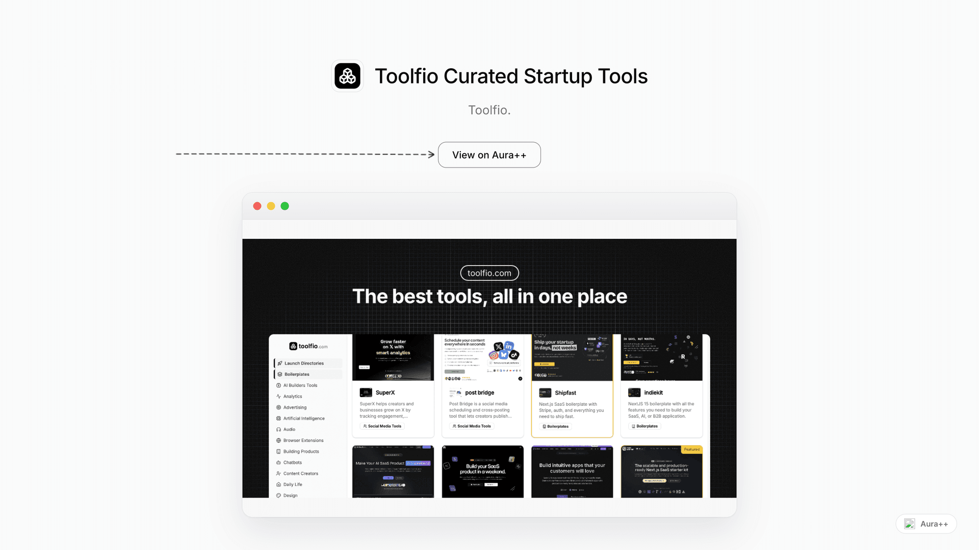 Toolfio Curated Startup Tools launch featured image on Aura++