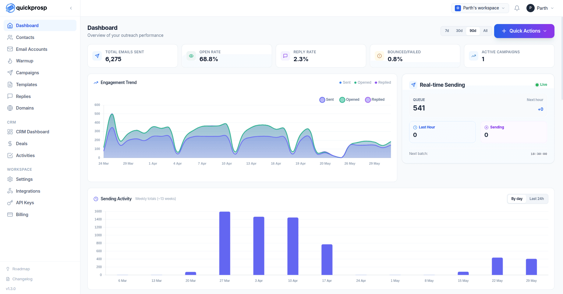 QuickProsp Cold Email Platform product preview for startup listing on Aura++