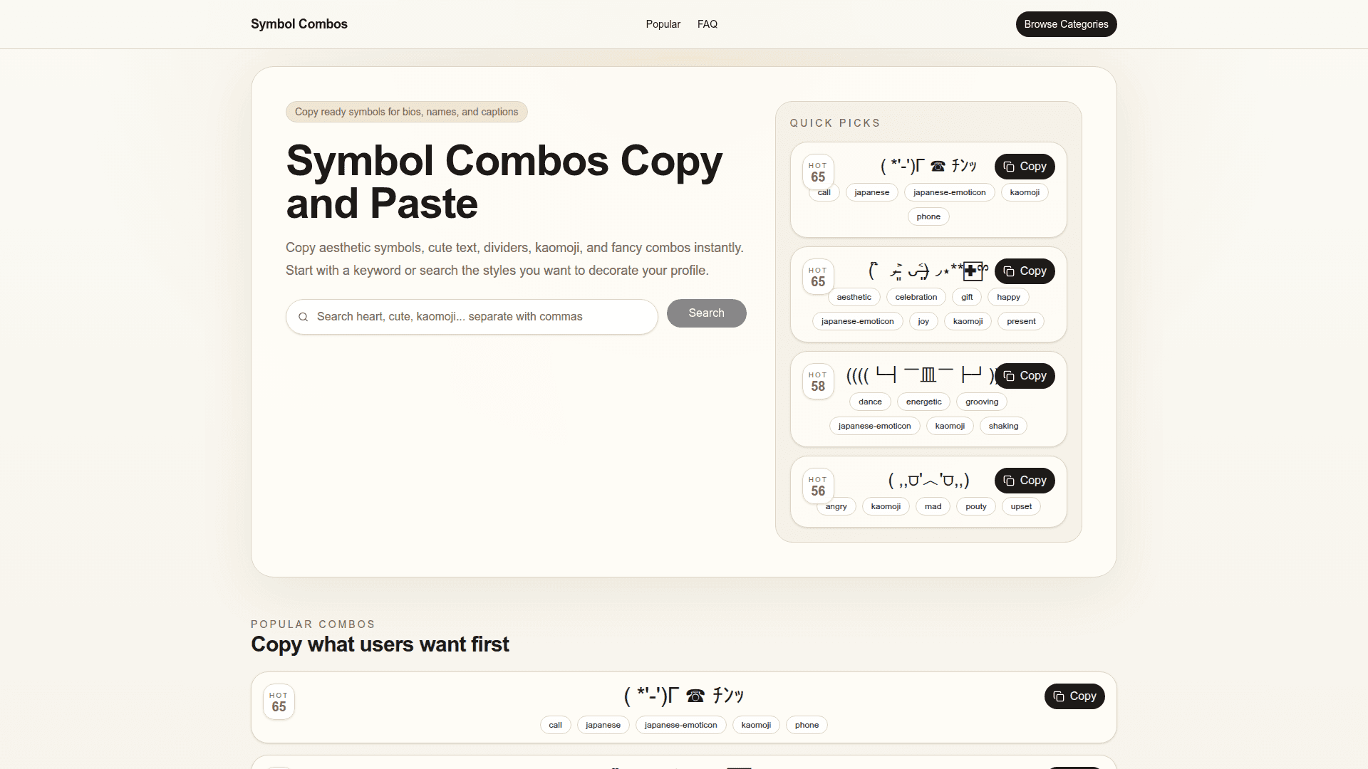 Symbol Combos Generator product preview for startup listing on Aura++