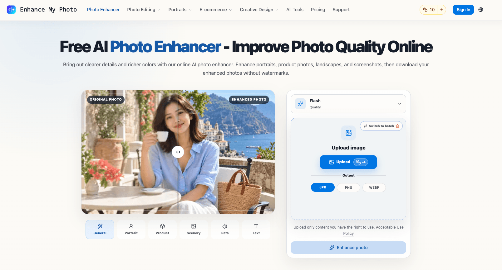 AI-Powered Online Photo Enhancer product preview for startup listing on Aura++