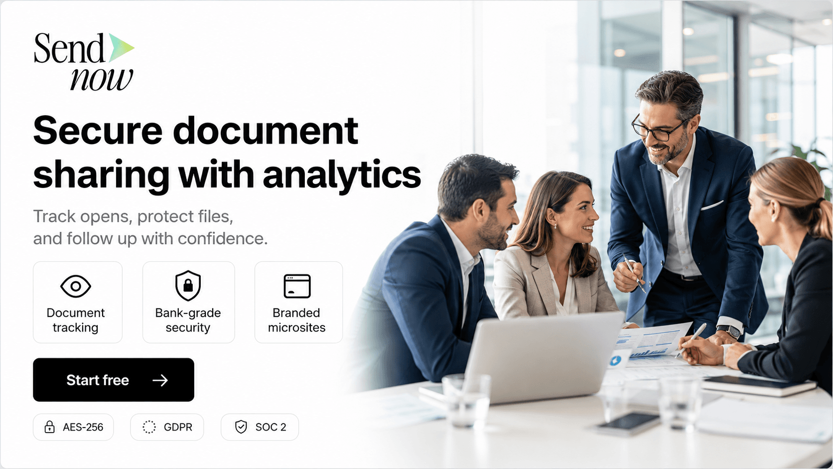 SendNow Secure Document Sharing Platform product preview for startup listing on Aura++