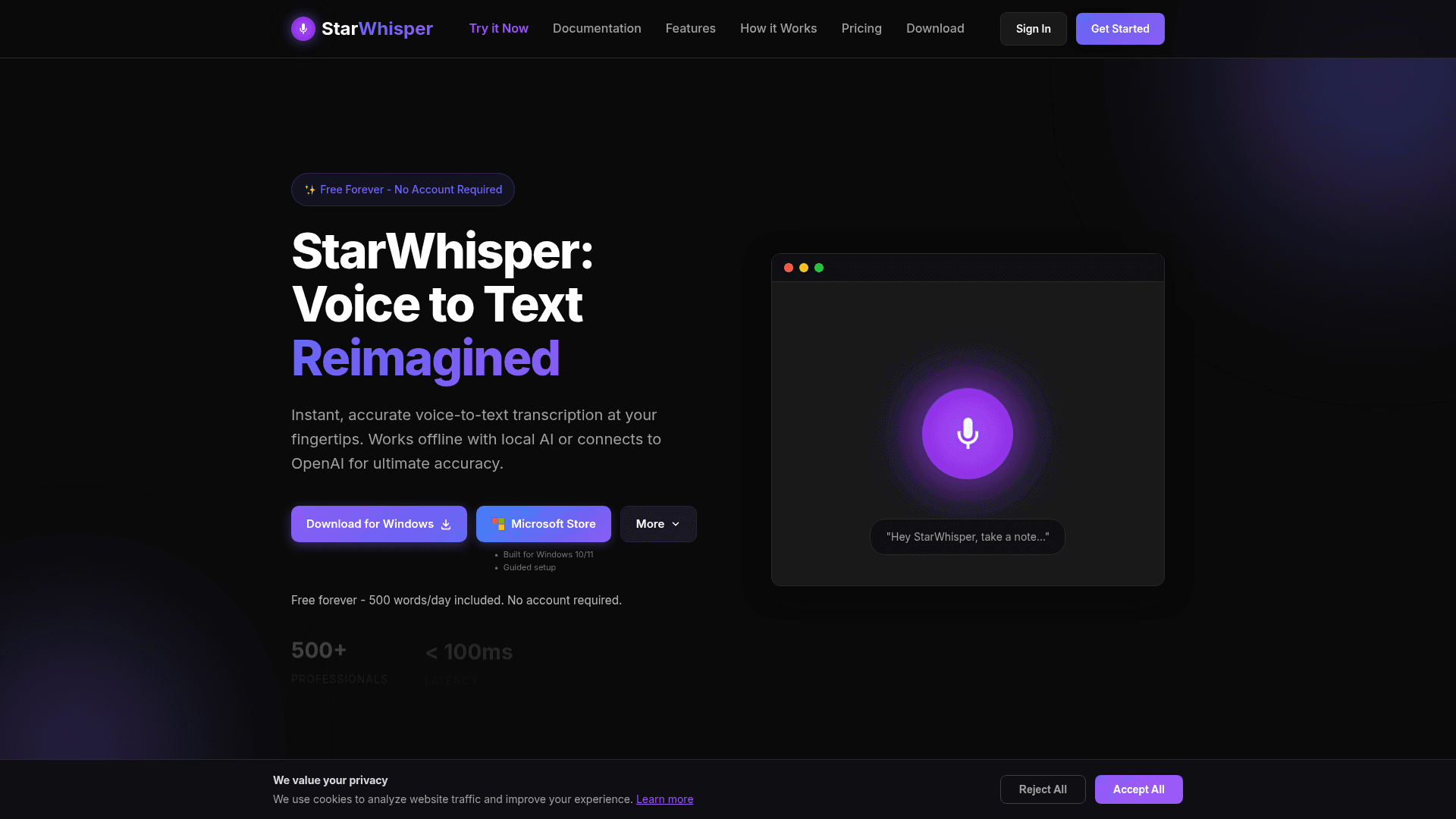 StarWhisper Voice Transcription for Windows product preview for startup listing on Aura++