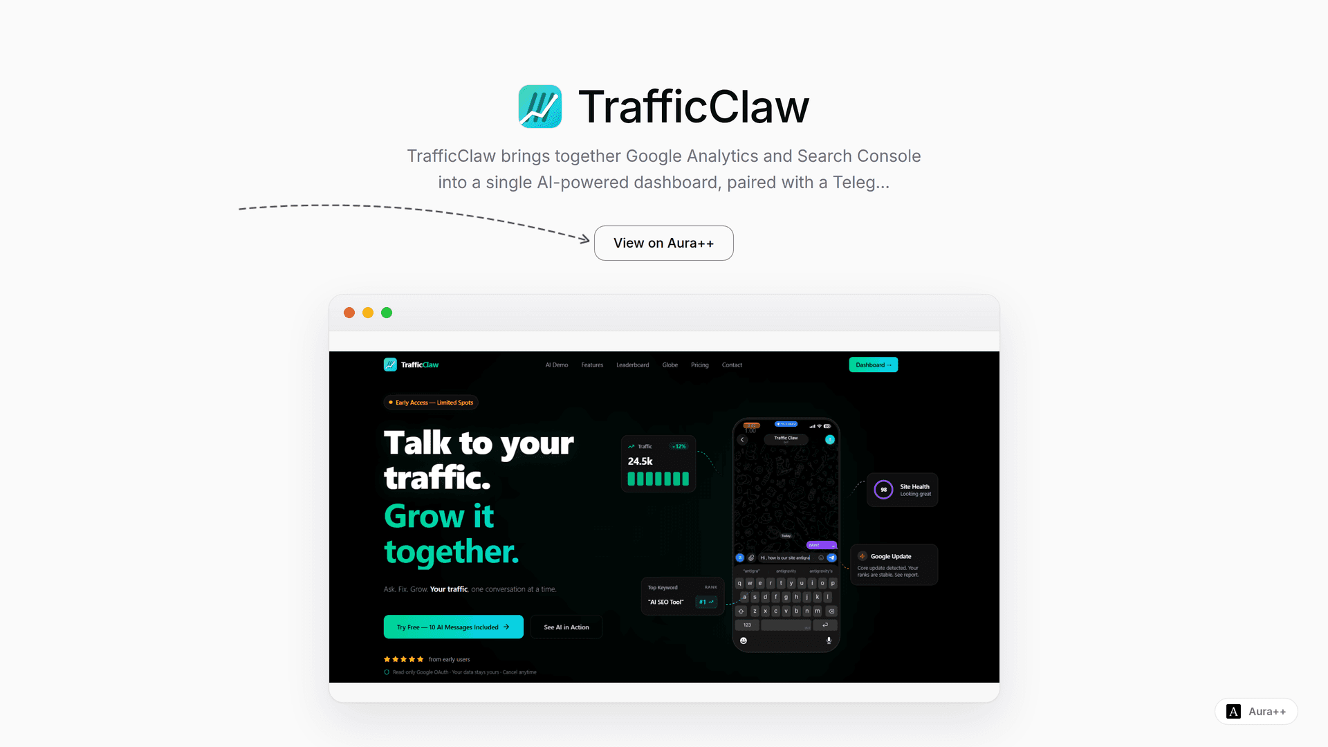 TrafficClaw launch story featured image on Aura++