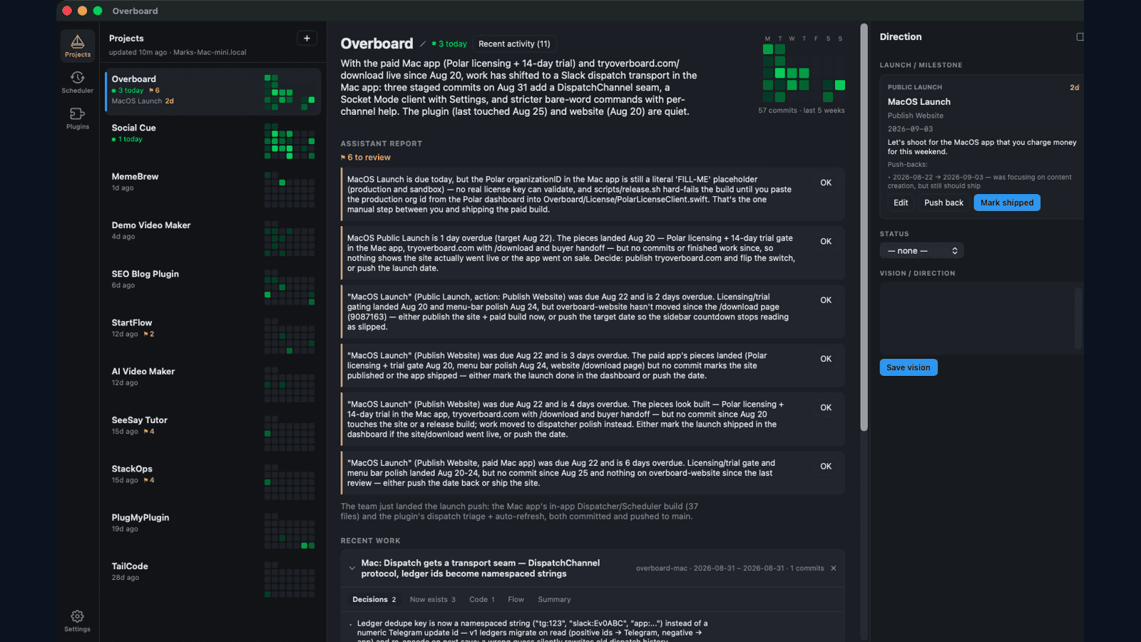 Overboard product preview for startup listing on Aura++