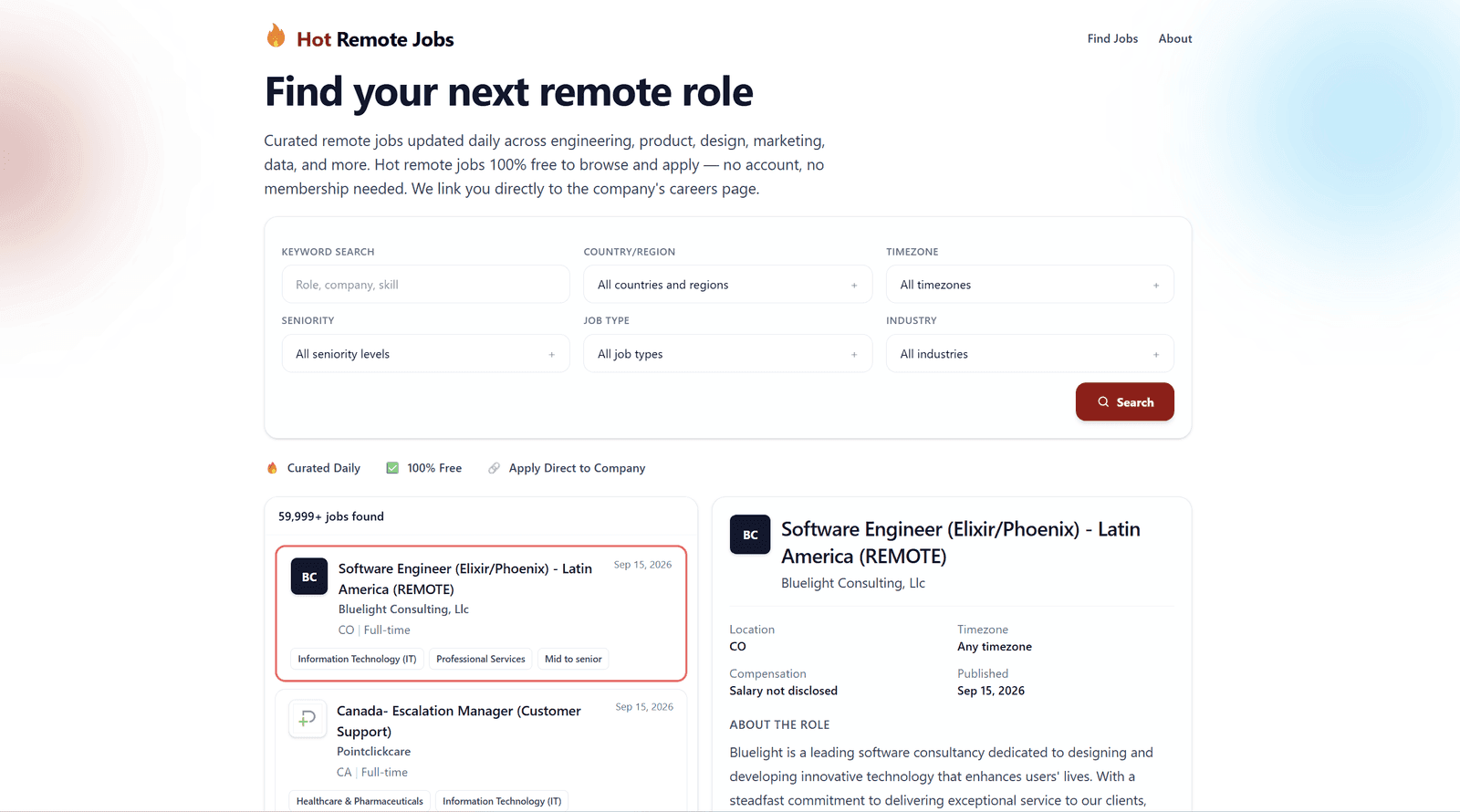 Hot Remote Jobs product preview for startup listing on Aura++