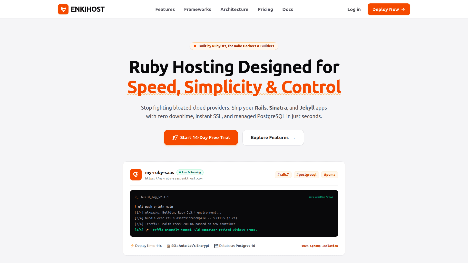 Enkihost Ruby Hosting Platform product preview for startup listing on Aura++