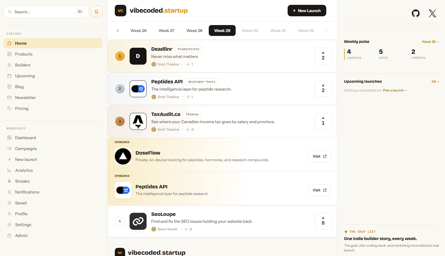 Vibe-Coded Indie Builder Board product preview for startup listing on Aura++