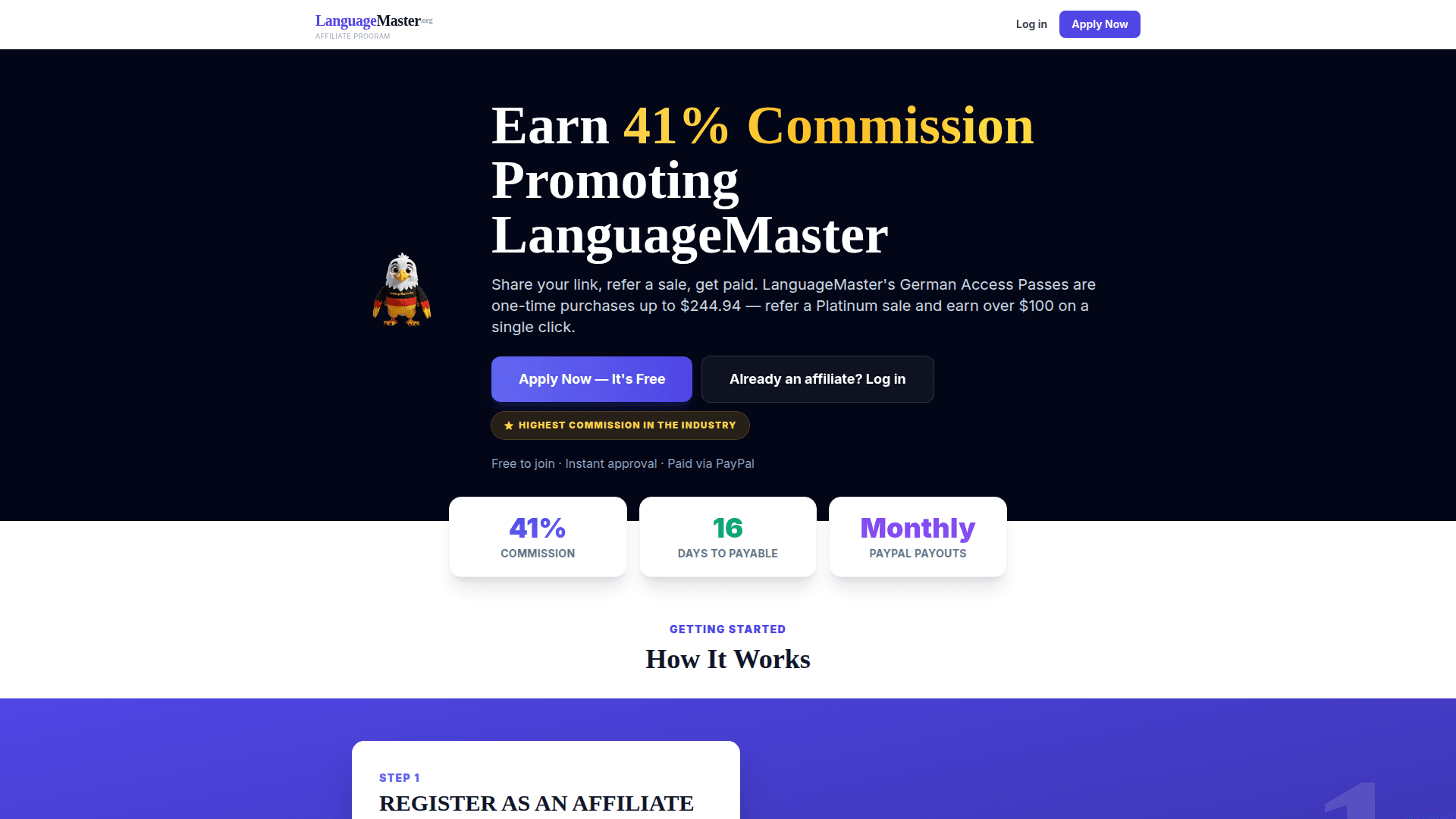 LanguageMaster Affiliate Program product preview for startup listing on Aura++