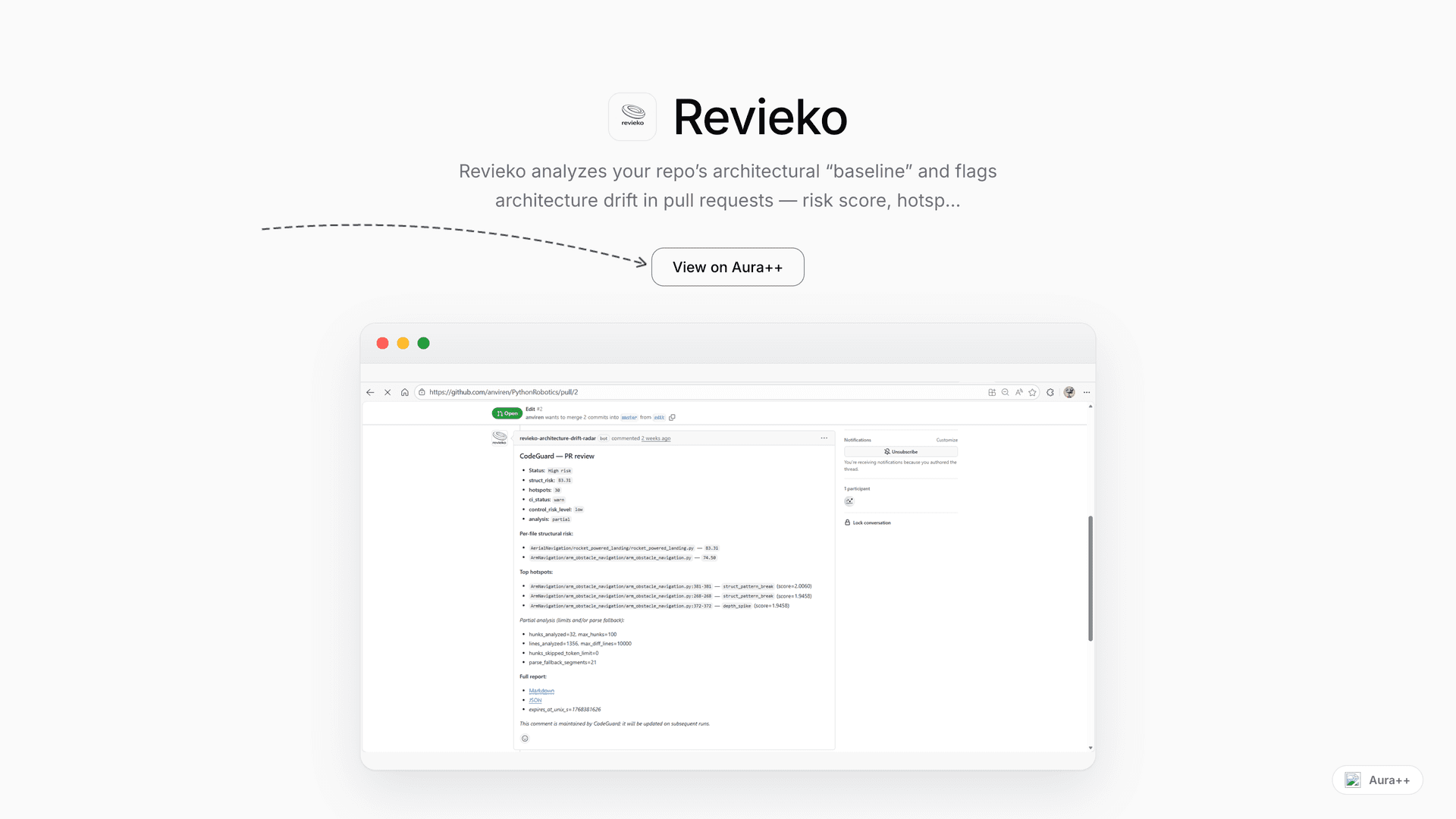 Revieko — Architecture Drift Radar for Code Reviews launch story featured image on Aura++