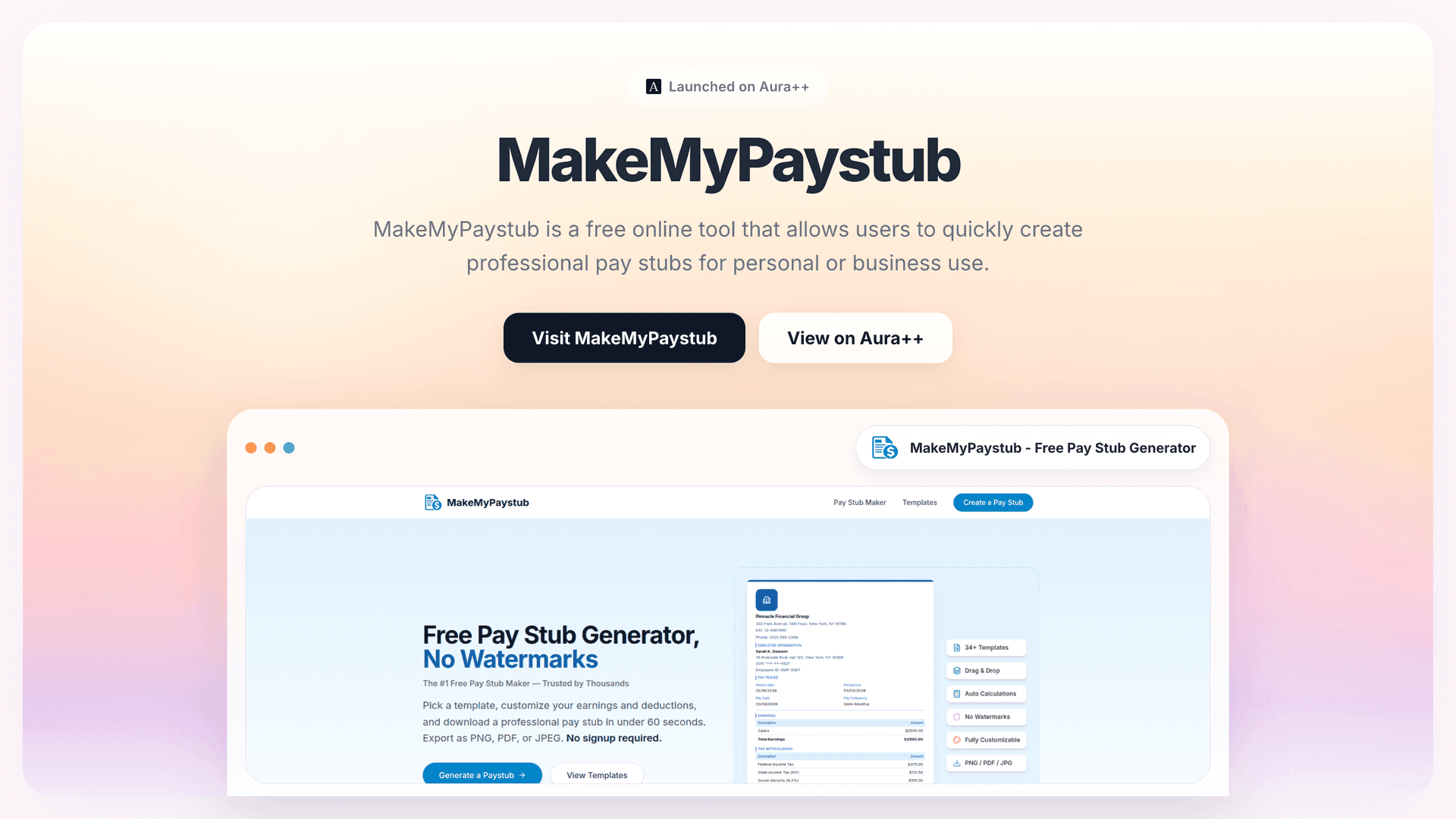 MakeMyPaystub - Free Pay Stub Generator launch story featured image on Aura++