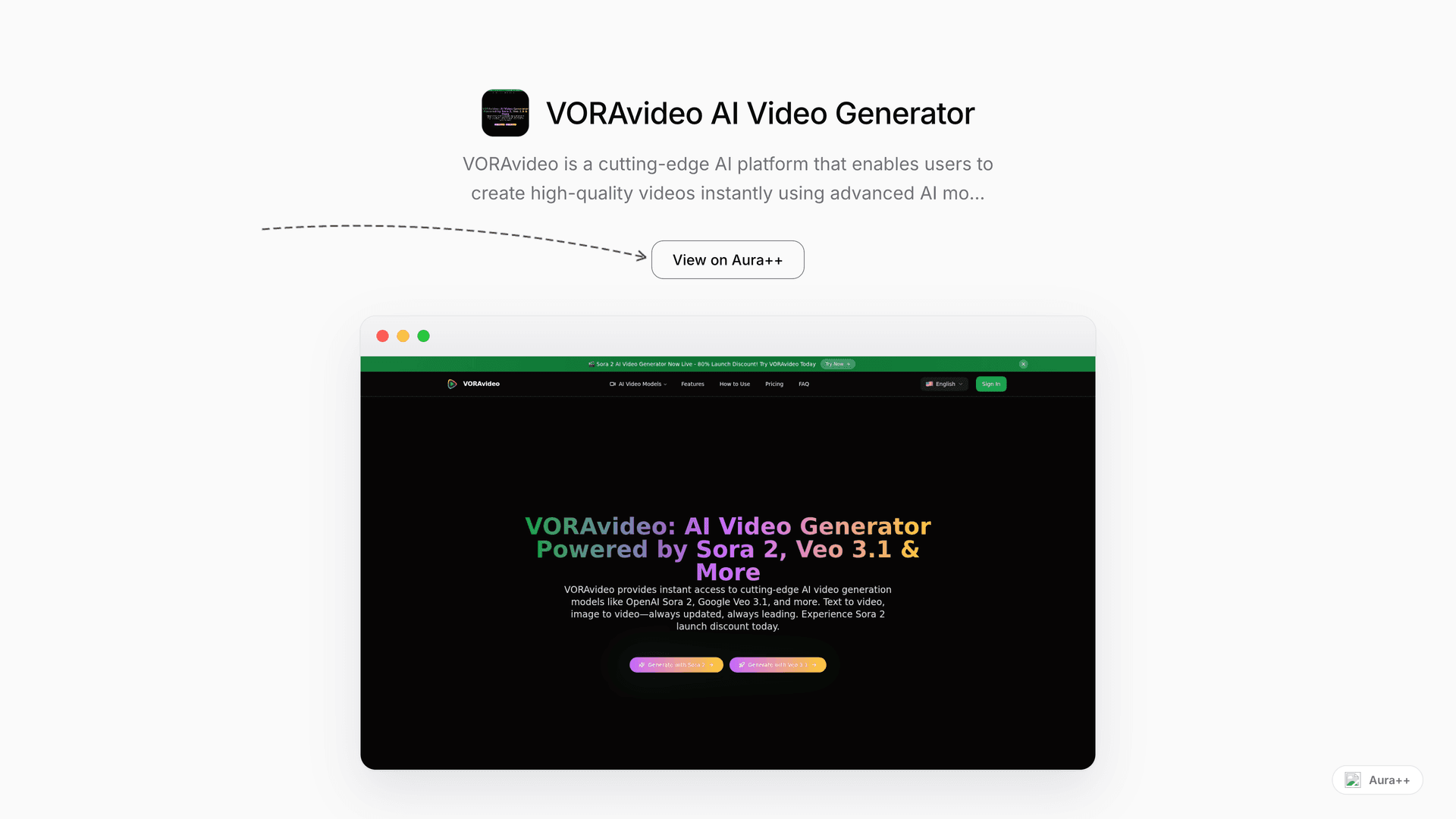 VORAvideo AI Video Generator launch story featured image on Aura++