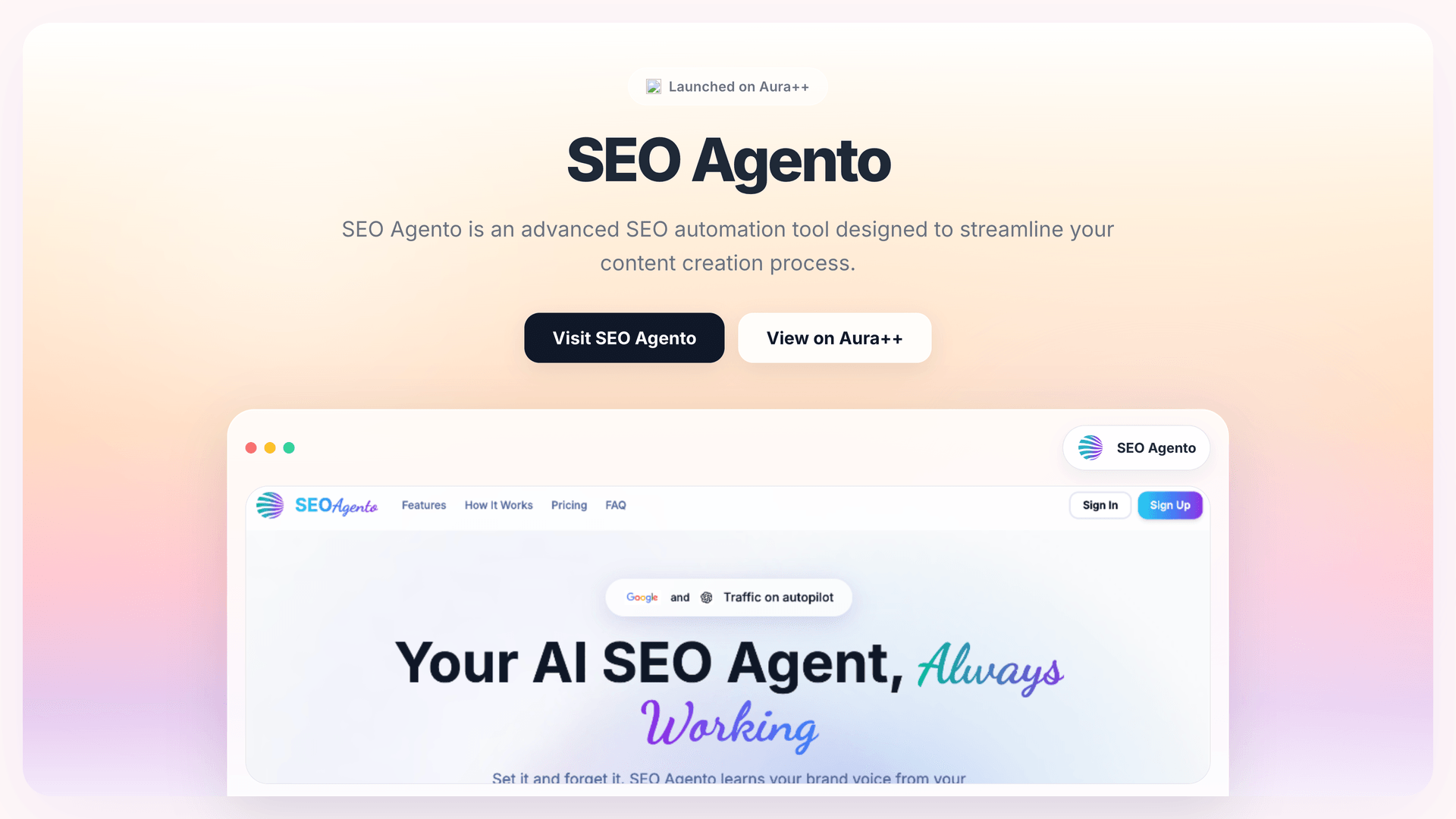 SEO Agento launch story featured image on Aura++