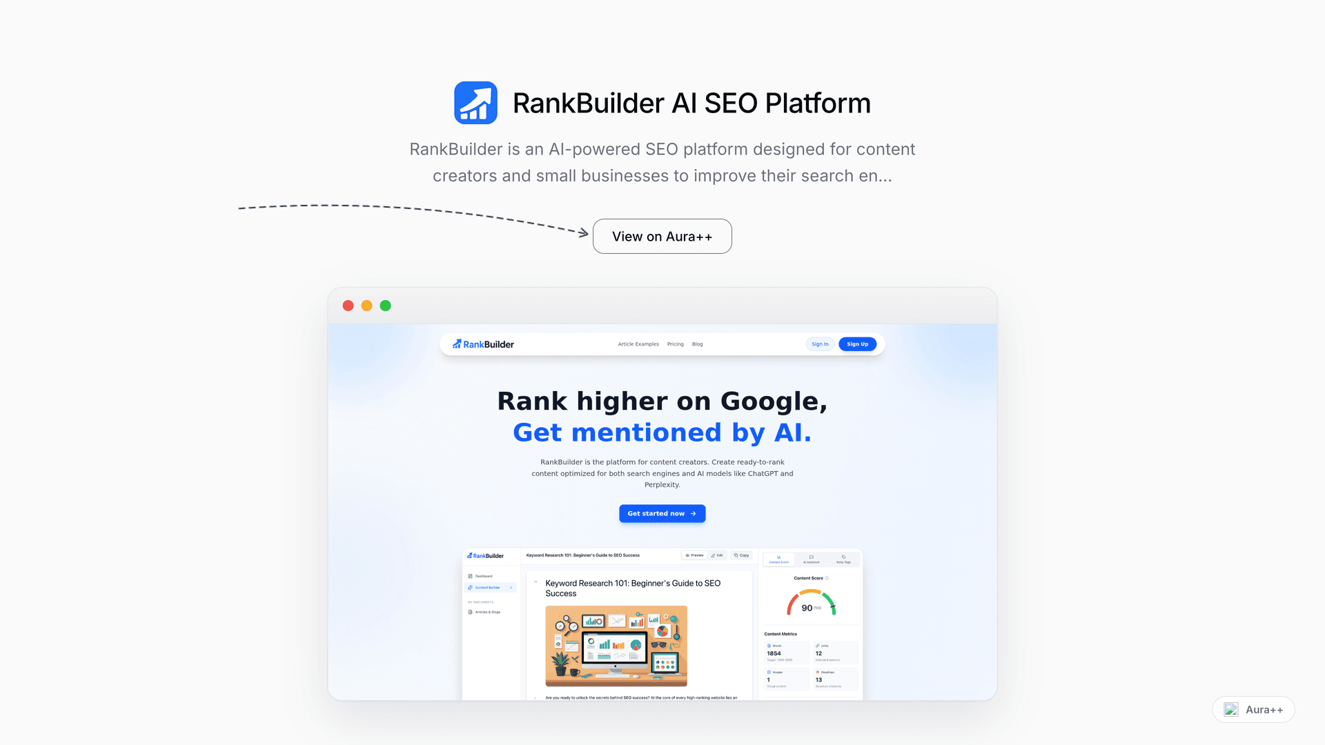 RankBuilder AI SEO Platform launch story featured image on Aura++